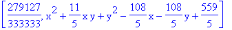 [279127/333333, x^2+11/5*x*y+y^2-108/5*x-108/5*y+559/5]